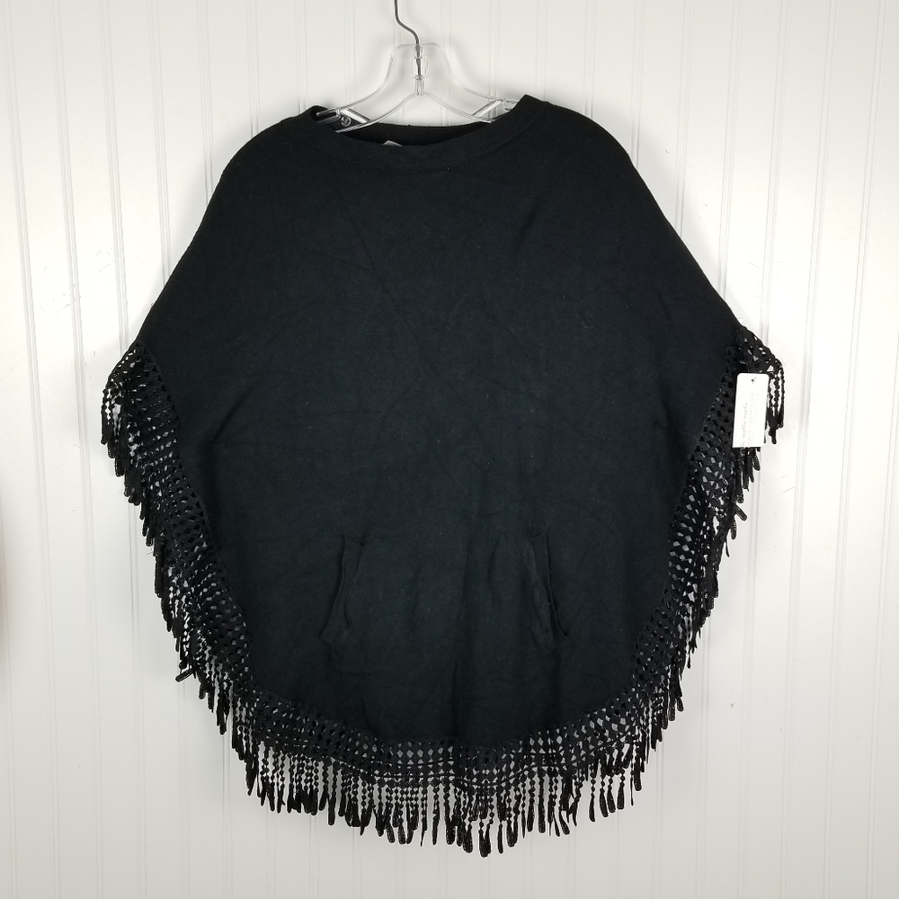 Soft Surrounding Womens Black Fringe Knit Poncho One Size Black Boho Lagenlook